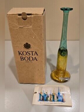 Kosta Boda Yellow And Teal Bertel Vallien Windpipes Design Art Glass